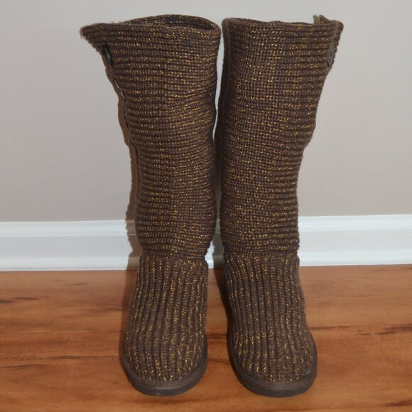 Ugg Classic Cardy Women's Brown Metallic Button knit Sweater Boots Size 9 - Picture 1 of 13